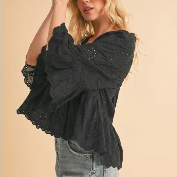 Black Ruffled Wrap Blouse with 3/4 Sleeves - Picture 6 of 9